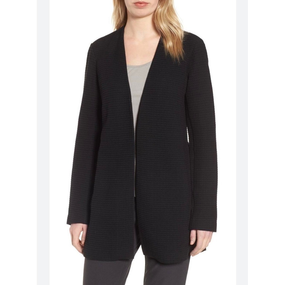 Eileen Fisher $338 Black Honeycomb‎ Textured Open Front Long Cardigan Jacket SP